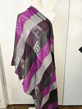 100% Silk  Purple and Gray Geometric Throw Scarf